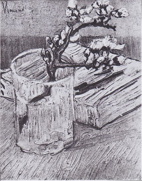 Vincent Van Gogh Flowering almond tree branch in a glass and book